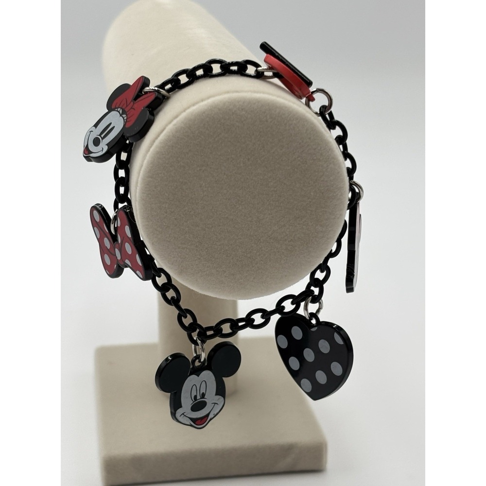 Disney Mickey Minnie Charm Bracelet Black Chain Polka Dot Heart Bow Toggle